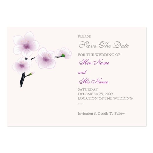 Purple Flowers Save The Date MiniCard Business Card Template (front side)