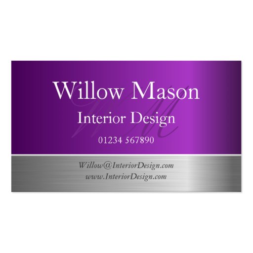 Purple Foil & Brushed Steel Monogram Business Card (front side)