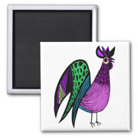 Purple Folk Art Rooster Fridge Magnets