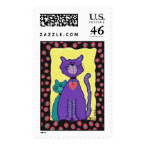 Purple Funky Cat & Kitty - postage stamp