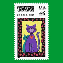 Purple Funky Cat & Kitty - postage stamp stamps