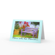 Purple Garden Bench Flowers, Hau`oli la Hanau Greeting Card