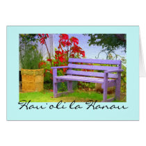 Purple Garden Bench Flowers, Hau`oli la Hanau Greeting Card