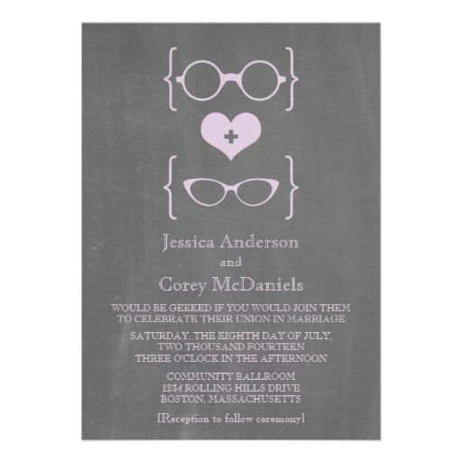 Purple Geeky Glasses Chalkboard Wedding Invite