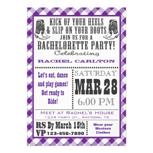 Purple Gingham Cowgirl Bachelorette Party Invite