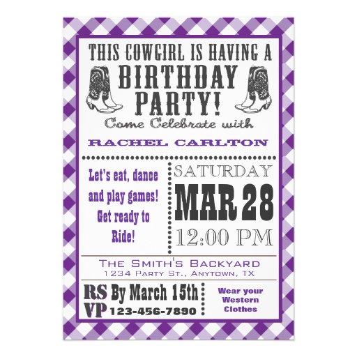 Purple Gingham Cowgirl Birthday Invitation