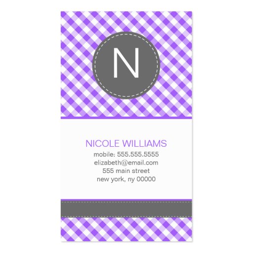 Purple Gingham Pattern Monogram Calling Cards Business Card Template (front side)