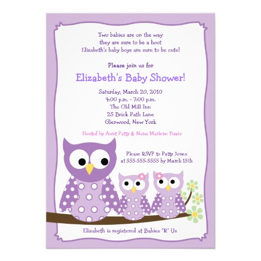 Purple Girl Twin Hoot Owls Baby Shower Invitation
