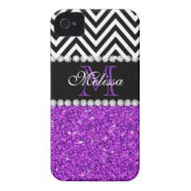 PURPLE GLITTER BLACK CHEVRON MONOGRAMMED iPhone 4 CASES