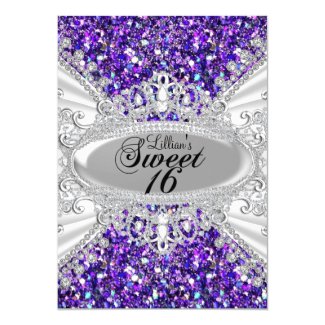 Purple Glitter & Diamond Tiara Sweet 16 Invite