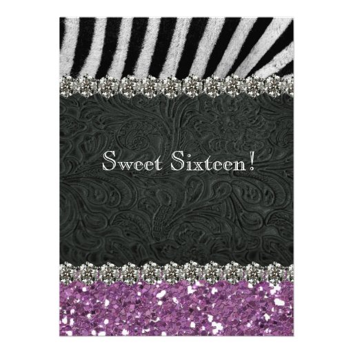 Purple Glitter Look Zebra Sweet Sixteen Invite