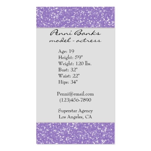 Purple Glitter Model Actress Singer Business Cards (back side)