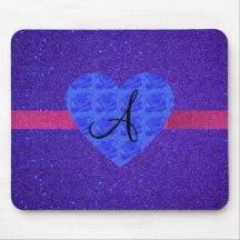Purple glitter monogram blue roses mouse pads