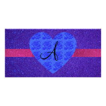 Purple glitter monogram blue roses photo card template