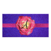 Purple glitter monogram pink rose photo card