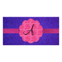 Purple glitter monogram pink roses picture card