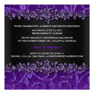 Purple Glitter Velvet Floral Sweet Sixteen Invite