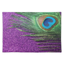 Purple Glittery Peacock Feather Still Life Place Mats