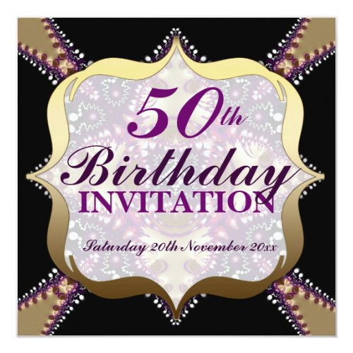 Purple+Gold 50th Birthday Celebrations 5.25x5.25 Square Paper Invitation Card