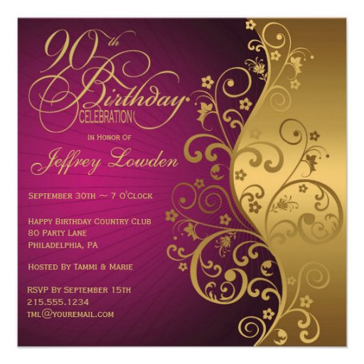 Purple & Gold 90th Birthday Party Invitation (front side)