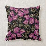 Purple gold broad leaves pattern on black throw pillow