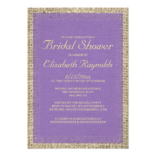 Purple & Gold Burlap Bridal Shower Invitations