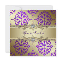 Purple Gold Damask Purple Party Custom Announcements