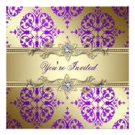 Purple Gold Damask Purple Party Custom Announcements