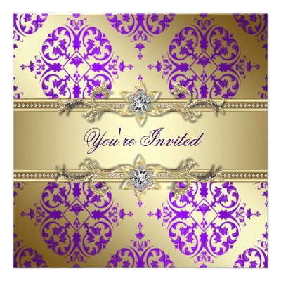 Purple Gold Damask Purple Party Custom Announcements