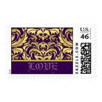 Purple & Gold Damask Scroll Love Postage Stamp