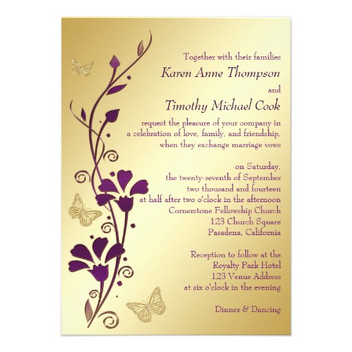 Purple, Gold Floral, Butterflies Wedding Invite