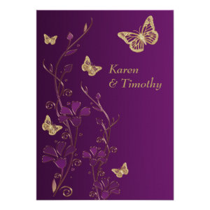 Purple, Gold Floral, Butterflies Wedding Invite