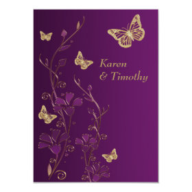 Purple, Gold Floral, Butterflies Wedding Invite