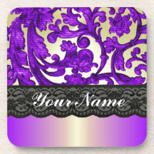 Purple & gold lace damask beverage coaster