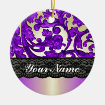 Purple & gold lace damask christmas tree ornament
