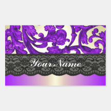 Purple & gold lace damask rectangle sticker
