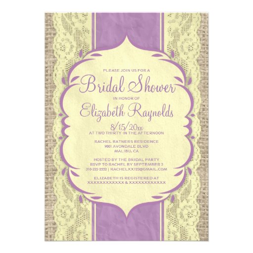 Purple Gold Linen Burlap Lace Bridal Shower Invite