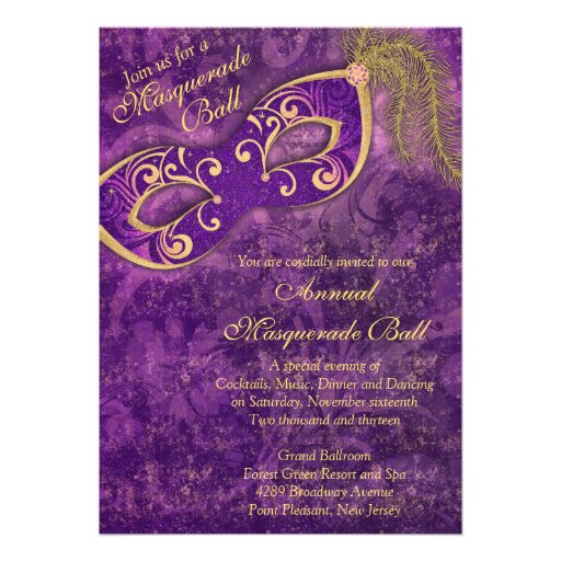 Purple Gold Masquerade Ball Mardi Gras Party Personalized Invites (front side)