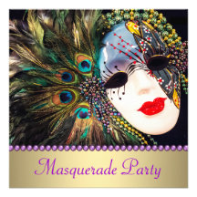 Purple Gold Peacock Feather Mask Masquerade Party Custom Invitations