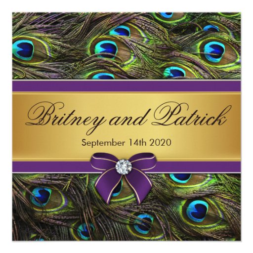 Purple & Gold Peacock Feather Wedding Invitations