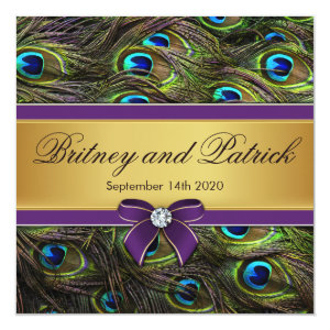 Purple & Gold Peacock Feather Wedding Invitations 5.25