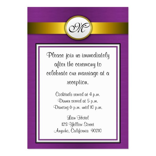 Purple & Gold Peacock Wedding Reception Cards Business Card (back side)