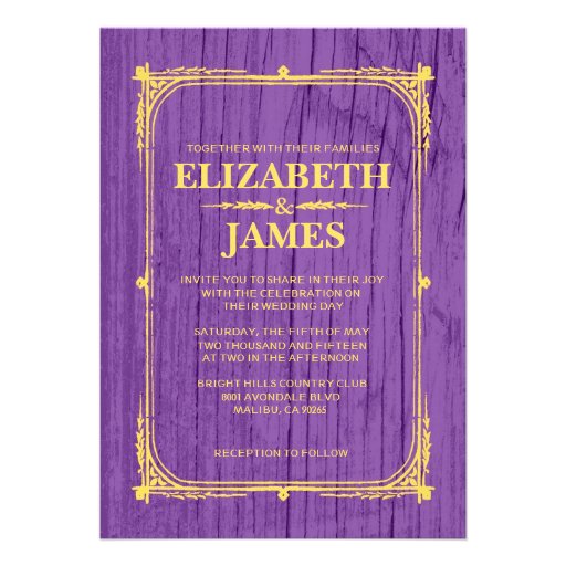 Purple & Gold Rustic Barn Wood Wedding Invitations