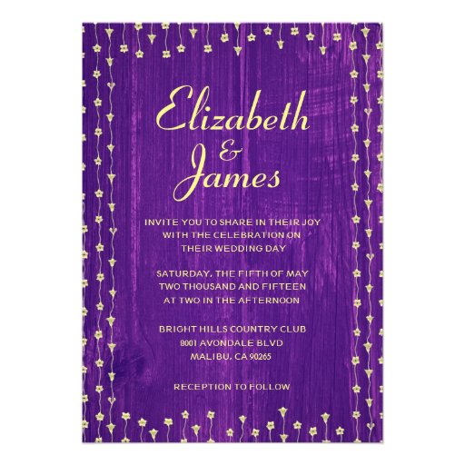 Purple & Gold Rustic Barn Wood Wedding Invitations