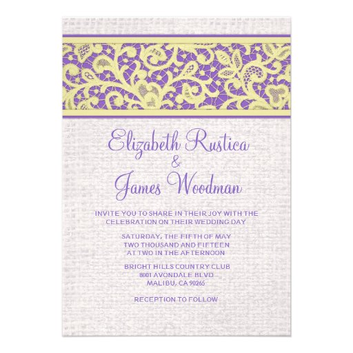 Purple Gold Rustic Burlap Wedding Invitations