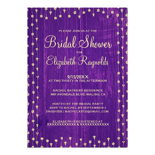 Purple Gold Rustic Country Bridal Shower Invites