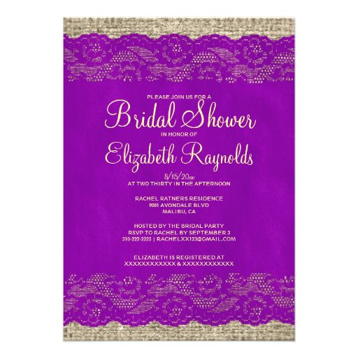 Purple Gold Rustic Lace Bridal Shower Invitations
