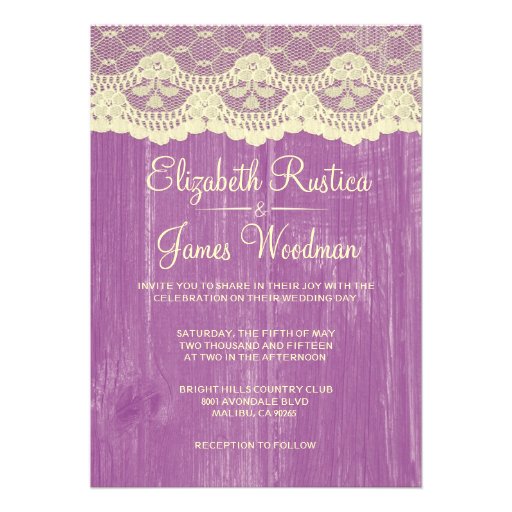 Purple Gold Rustic Lace Wood Wedding Invitations