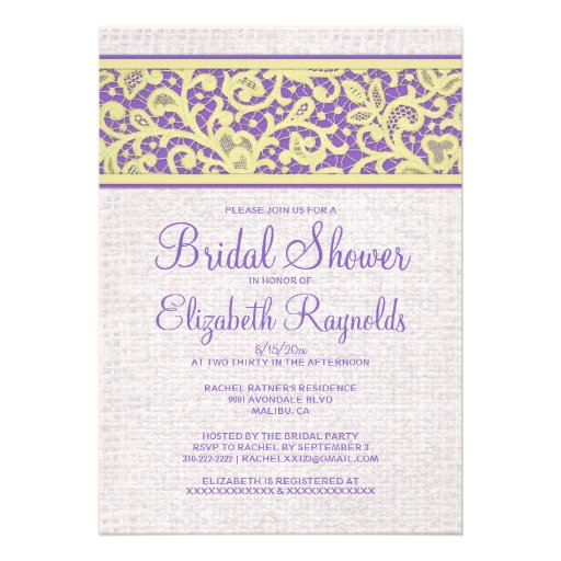 Purple Gold Rustic Linen Bridal Shower Invitations