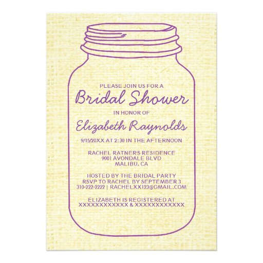 Purple Gold Rustic Mason Jar Bridal Shower Invites